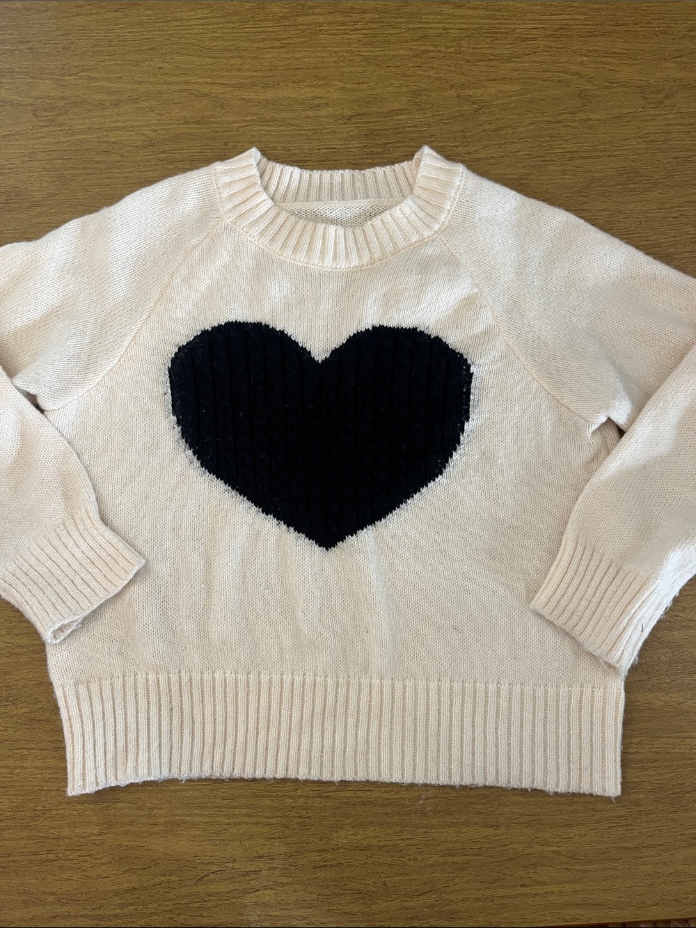 Women's Cream Sweater with Black Cable Knit Heart, Crewneck, Long Sleeves, Sz M